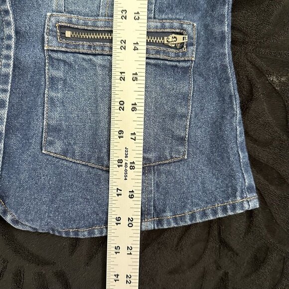 VTG Rave Denim Jacket Junior Sz Med Blue Long-Sleeve Embroidery Pocket Crop 90s - Picture 9 of 10